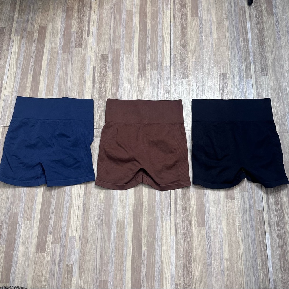 Set of 3 High-Waist Active Shorts in Navy, Brown, Black, Women’s Small
